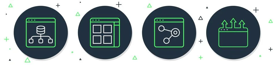 Set line Browser files, window, Server, Data and icon. Vector Stock Illustration
