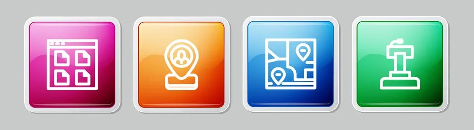 Set line Browser files, Worker location, Folded map with and Stage stand tribune Stock Illustration