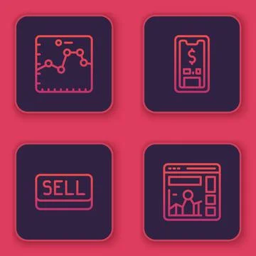 Set line Browser with growth graph, Sell button, Mobile dollar and Website. Blue Stock Illustration