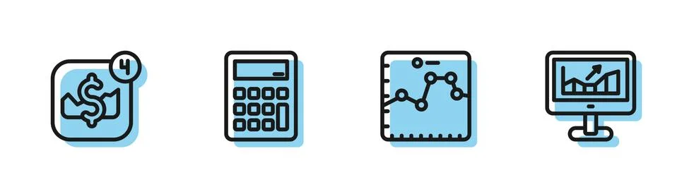 Set line Browser with growth graph, Mobile stock trading, Calculator and Illustrazione stock