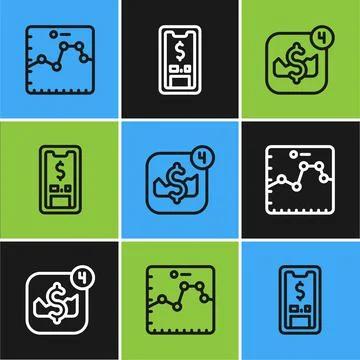 Set line Browser with growth graph, Mobile stock trading and dollar icon. Vector Illustrazione stock
