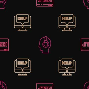 Set line Browser help, Computer monitor and and Support operator in touch on Stock Illustration