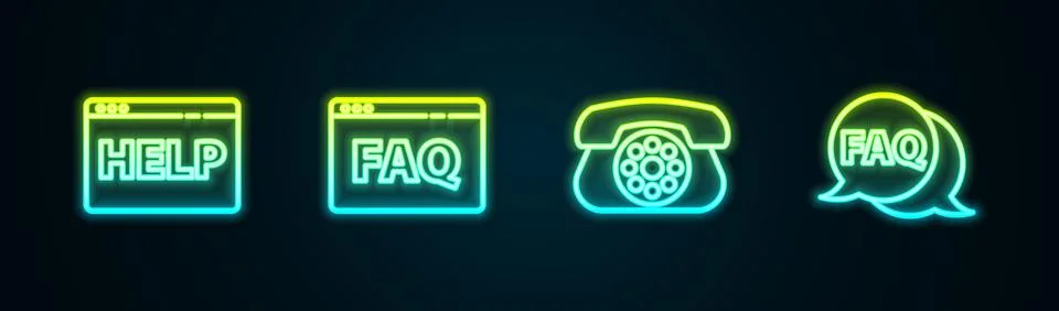 Set line Browser help, FAQ, Telephone and Speech bubble with. Glowing neon icon Ilustração Stock
