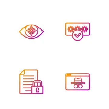 Set line Browser incognito window, Document and lock, Eye scan and Password Illustrazione stock