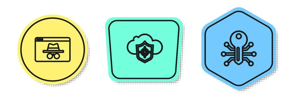 Set line Browser incognito window, Cloud and shield and Smart key. Colored Stock Illustration