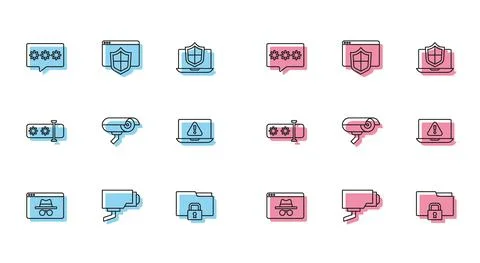 Set line Browser incognito window, Security camera, Password protection, Folder Stock Illustration