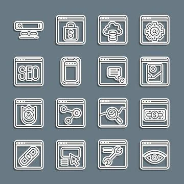 Set line Browser incognito window, Photo retouching, Cloud technology data Illustrazione stock