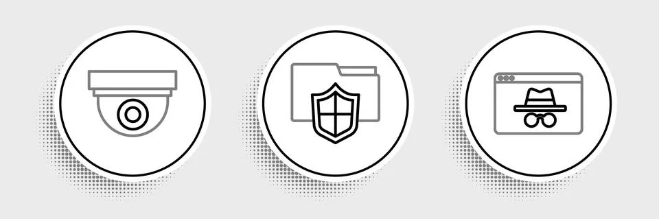 Set line Browser incognito window, Security camera and Document folder Stock Illustration
