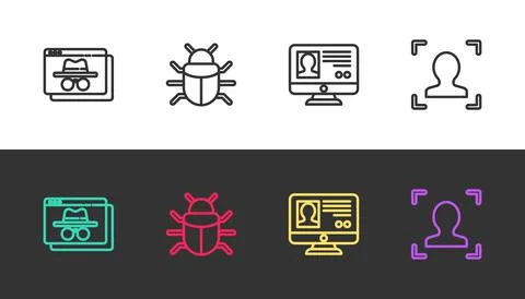 Set line Browser incognito window, System bug, Create account screen and Face Illustrazione stock