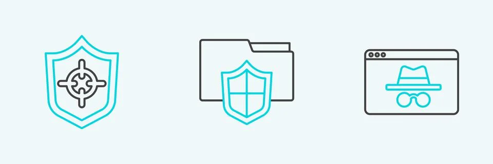 Set line Browser incognito window, Shield and Document folder protection icon Stock Illustration