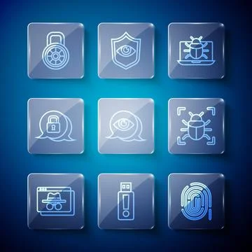 Set line Browser incognito window, USB flash drive, Fingerprint, System bug on Illustrazione stock