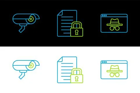 Set line Browser incognito window, Security camera and Document and lock ic.. Illustrazione stock