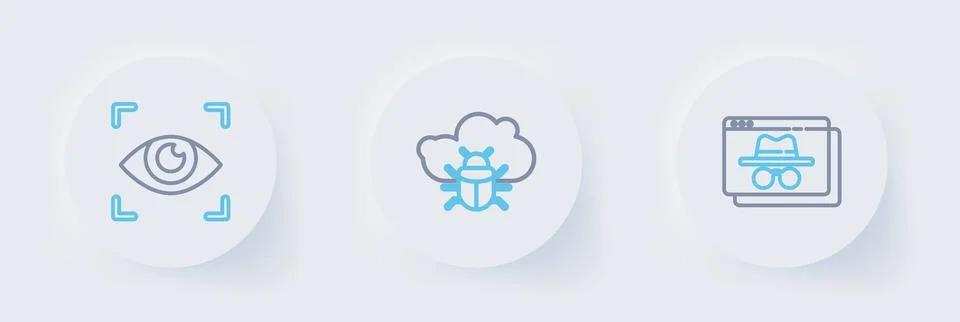 Set line Browser incognito window, System bug on a cloud and Eye scan icon... Stock Illustration