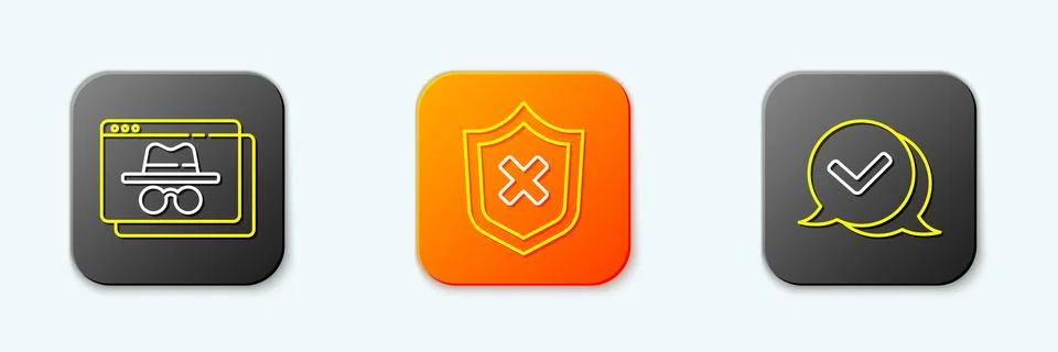 Set line Browser incognito window, Shield with cross mark and Check speech .. Illustrazione stock