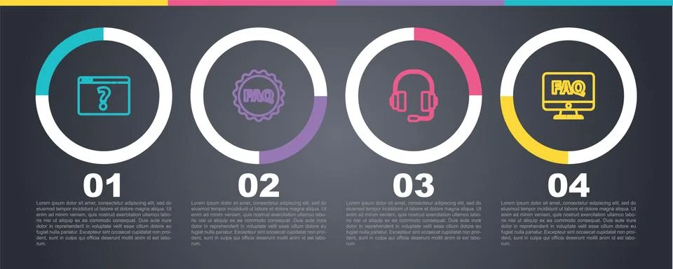 Set line Browser with question mark, Label text FAQ, Headphones and Computer Stock Illustration