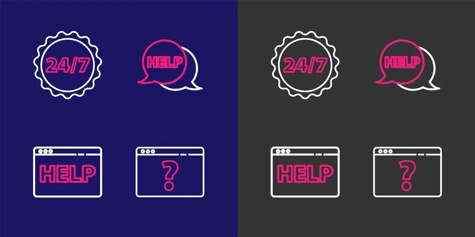 Set line Browser with question mark, help, Speech bubble text Help and Cloc.. Illustration