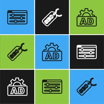 Set line Browser setting, Advertising and SEO optimization icon. Vector イラスト素材