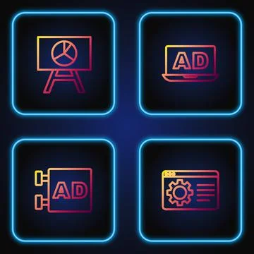 Set line Browser setting, Advertising, Board with graph chart and . Gradient  Stock Illustration