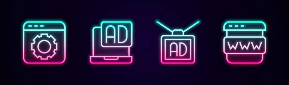 Set line Browser setting, Advertising, and window. Glowing neon icon. Vector Illustrazione stock