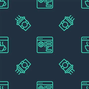 Set line Browser setting, Coffee cup to go and Software on seamless pattern Illustrazione stock