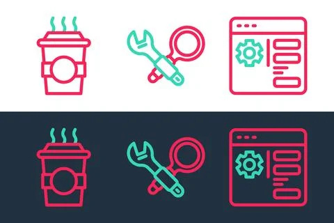 Set line Browser setting, Coffee cup to go and Debugging icon. Vector Stock Illustration
