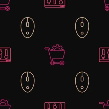 Set line Browser setting, Computer mouse and Shopping cart on seamless patt.. Illustrazione stock