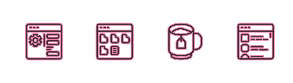 Set line Browser setting, Cup of tea with tea bag, files and icon. Vector 스톡 일러스트