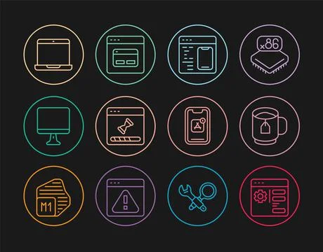 Set line Browser setting, Cup of tea with tea bag, Software, Loading data window Stock Illustration