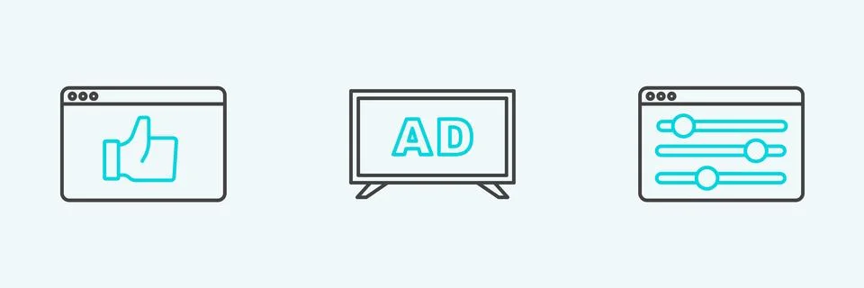 Set line Browser setting, Customer product rating and Advertising icon. Vecto Stock Illustration