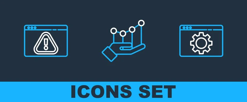 Set line Browser setting, with exclamation mark and Pie chart infographic i.. Stock Illustration