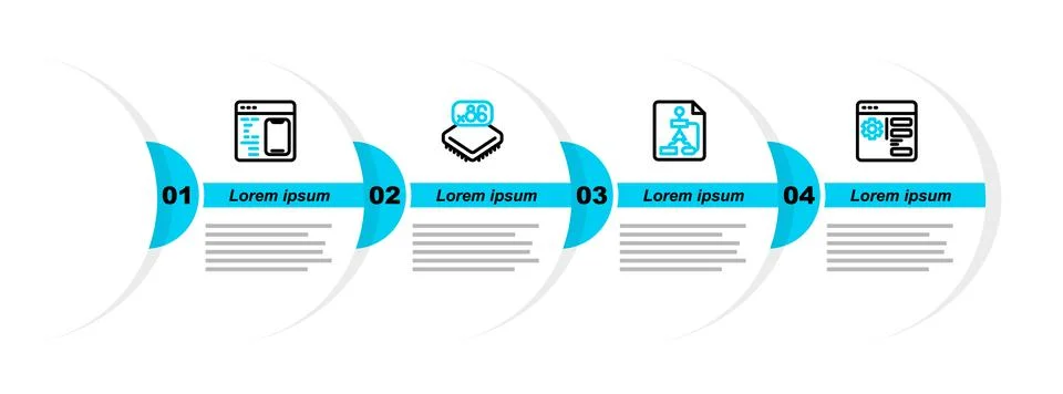 Set line Browser setting, Flowchart, Processor with microcircuits CPU and Illustrazione stock