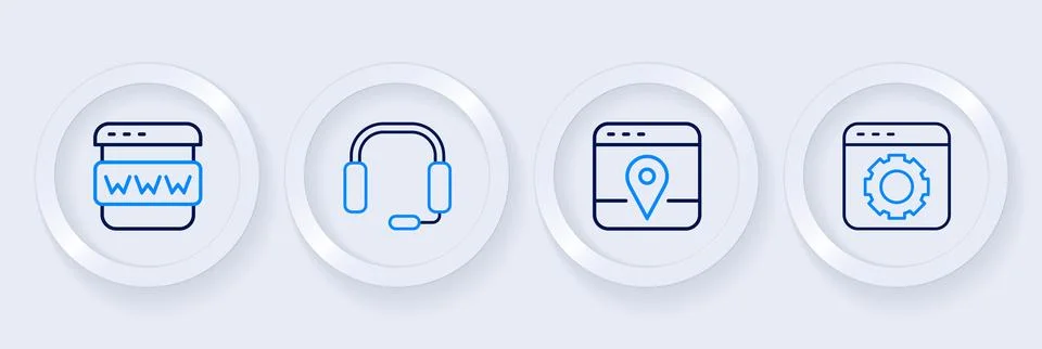 Set line Browser setting, Infographic of city map, Headphones and window ic.. Ilustración de archivo