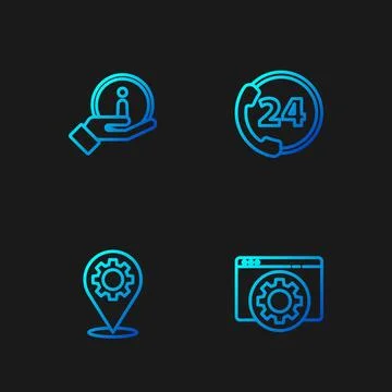 Set line Browser setting, Location with gear, Information and Telephone 24 hours Stock Illustration