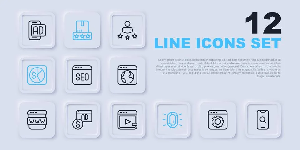 Set line Browser setting, Magnifying glass and mobile, SEO optimization, Di.. Stock Illustration