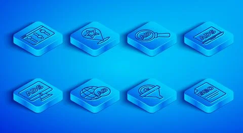 Set line Browser setting, Map pointer with star, Advertising, Lead management 스톡 일러스트