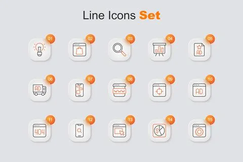 Set line Browser setting, Market analysis, Advertising, Magnifying glass an.. 스톡 일러스트