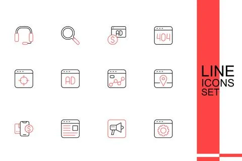Set line Browser setting, Megaphone, Advertising, Mobile with dollar, Infog.. Stock Illustration