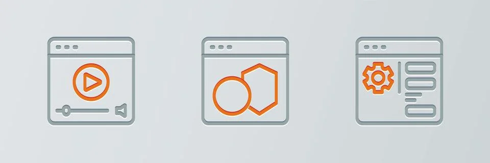 Set line Browser setting, Online play video and Software icon. Vector Stock Illustration