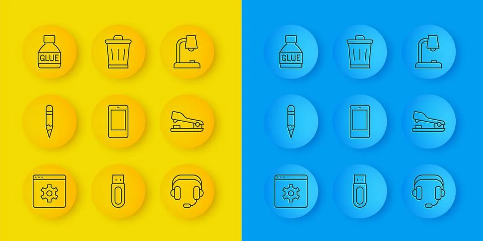 Set line Browser setting, Pencil, Mobile phone, Headphones, Stapler, Glue, Table Stock Illustration