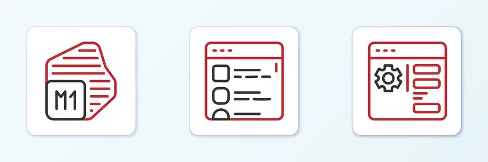 Set line Browser setting, Processor and files icon. Vector 스톡 일러스트