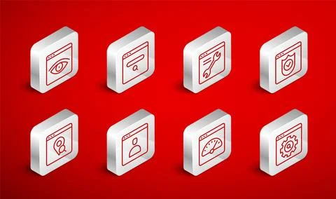 Set line Browser setting, Search engine, with shield, Digital speed meter Stock Illustration