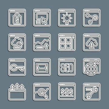 Set line Browser setting, Search engine, Cloud upload, window, Financial gr.. Stock Illustration