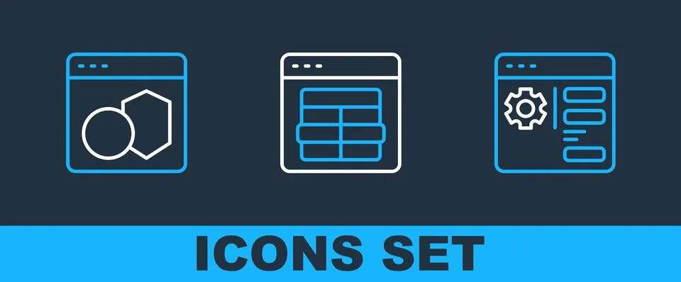 Set line Browser setting, Software and MySQL code icon. Vector Stock Illustration