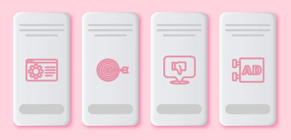 Set line Browser setting, Target, Dislike speech bubble and Advertising. White Illustrazione stock