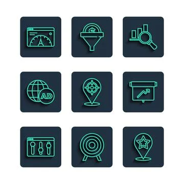 Set line Browser setting, Target sport, Map pointer with star, Magnifying g.. Stock Illustration