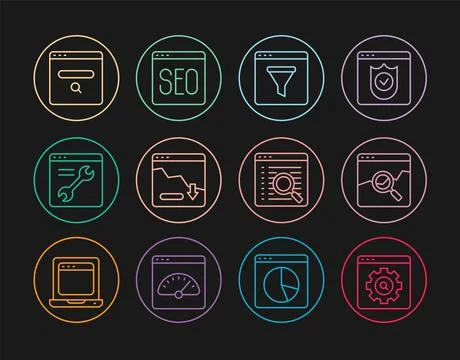 Set line Browser setting, Website with stocks market, window, Financial gro.. Illustrazione stock