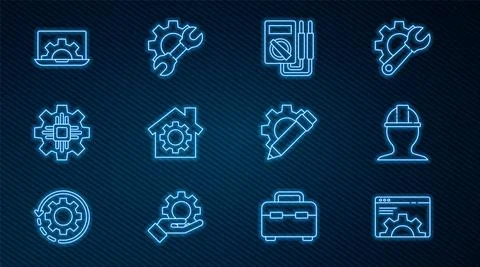 Set line Browser setting, Worker safety helmet, Multimeter, House with gear Ilustración de archivo