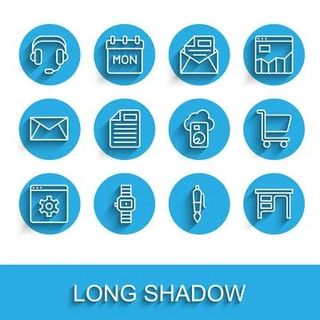 Set line Browser setting Wrist watch Headphones Fountain pen nib Office desk  Stock Illustration