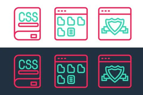 Set line Browser with shield, Books about programming and files icon. Vector 库存插图