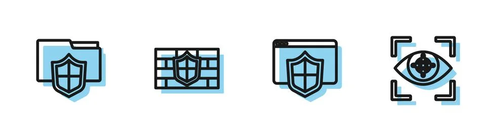 Set line Browser with shield, Document folder protection, Shield brick wall and Stock Illustration